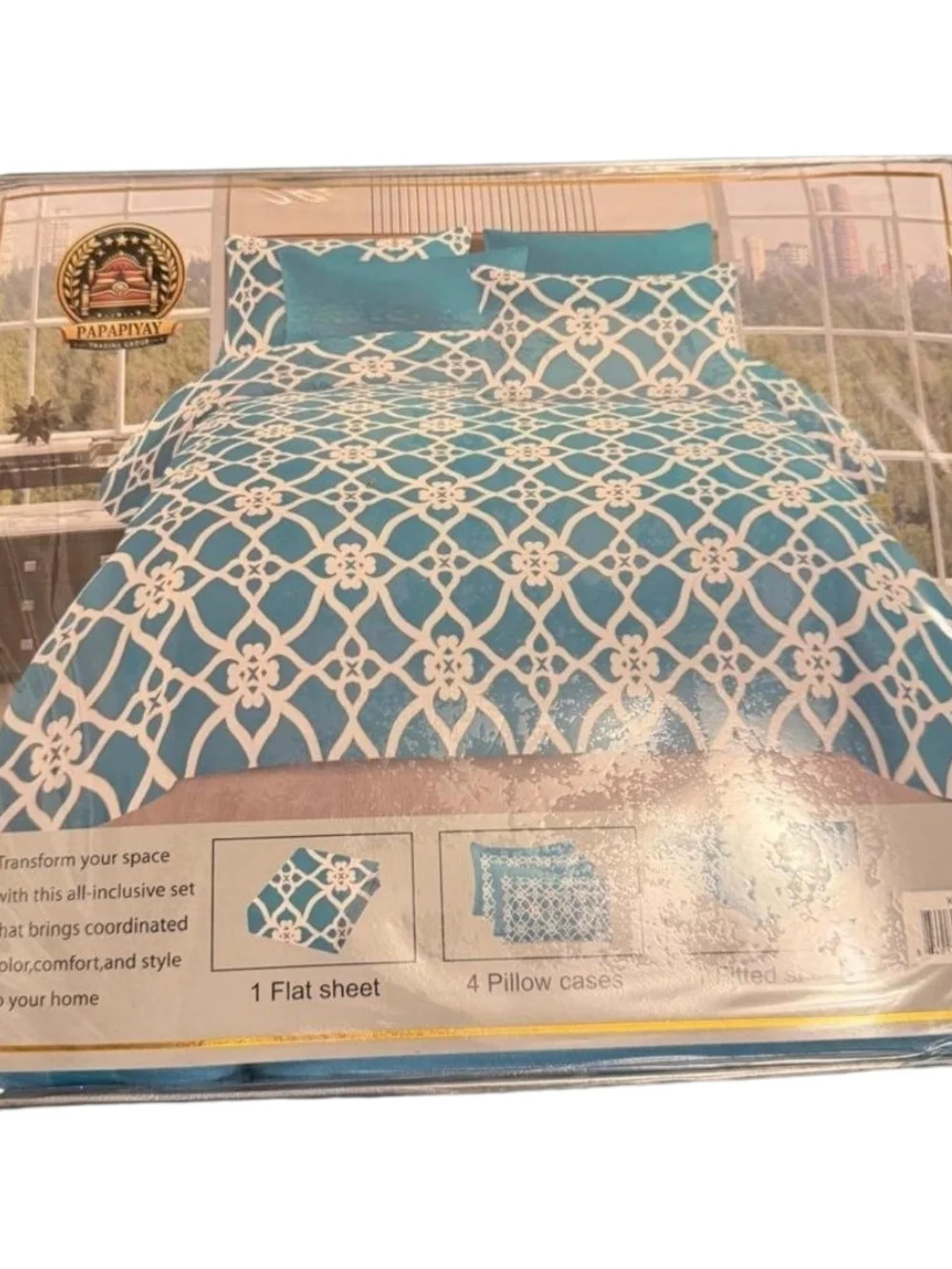Teal and White Lattice Bedding Set